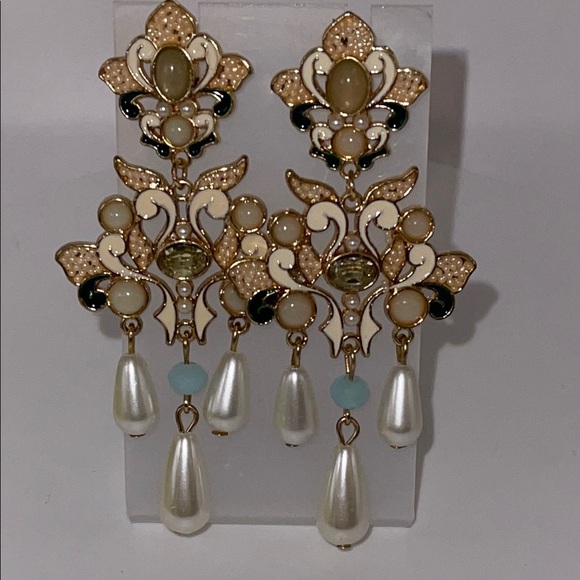 Gold and Cream Chandelier Fairy core giant floral pierced Earrings - Picture 7 of 10